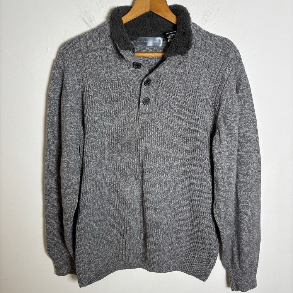 OSCAR DE LA RENTA 100% Cotton Sweater Men Gray 1/4-Button Size XXL